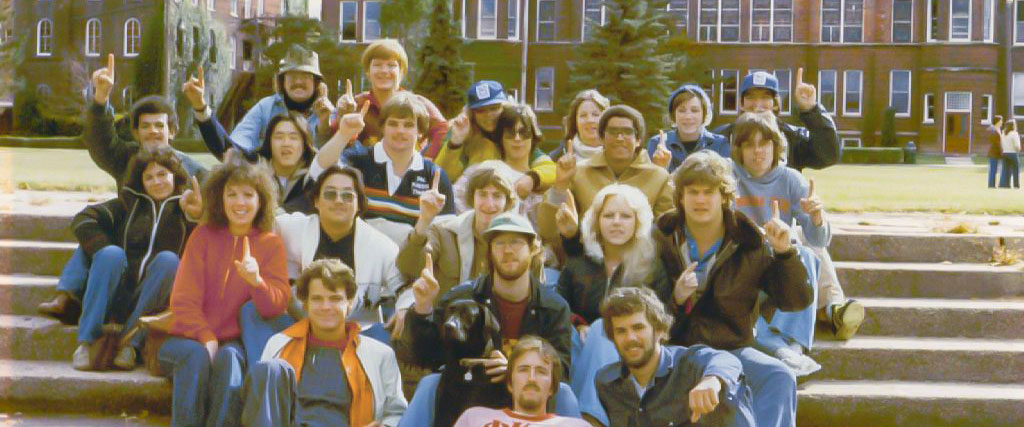 Students in 1979, posing outside historic buildings